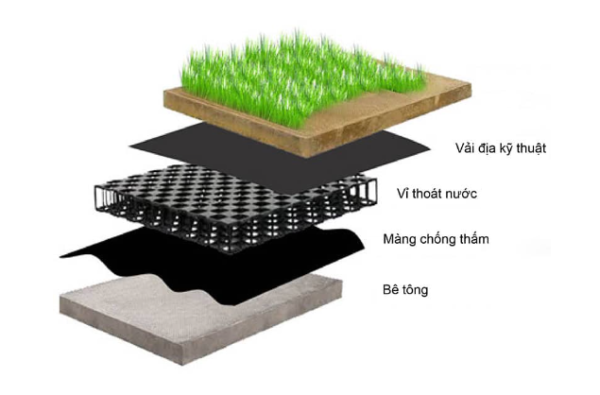 Các bước thi công trồng cây trên mái với Bạt Chống Thấm + Vỉ thoát Nước + Vải địa kỹ thuật